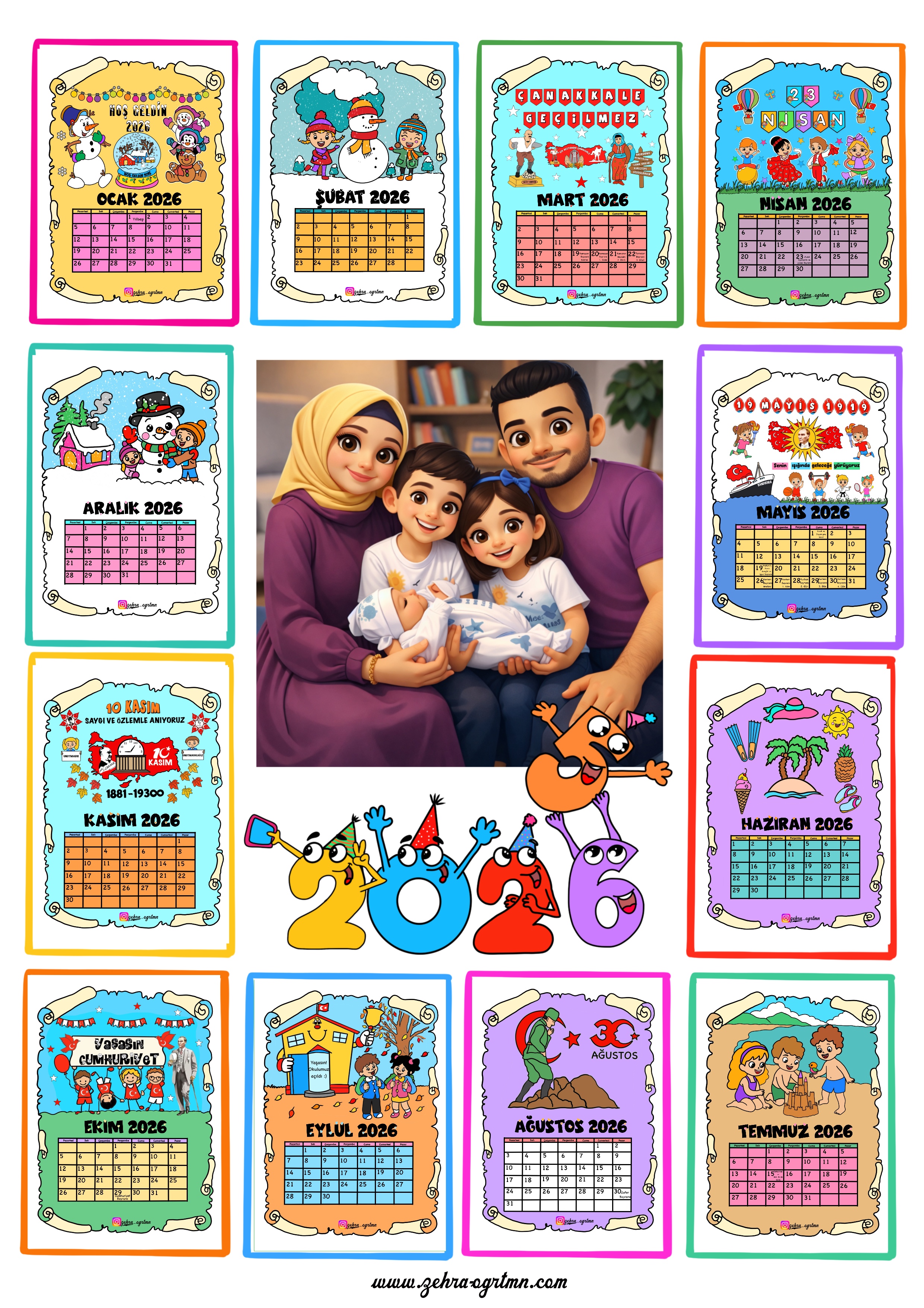 2026 Takvimi RENKLİ RENKSİZ